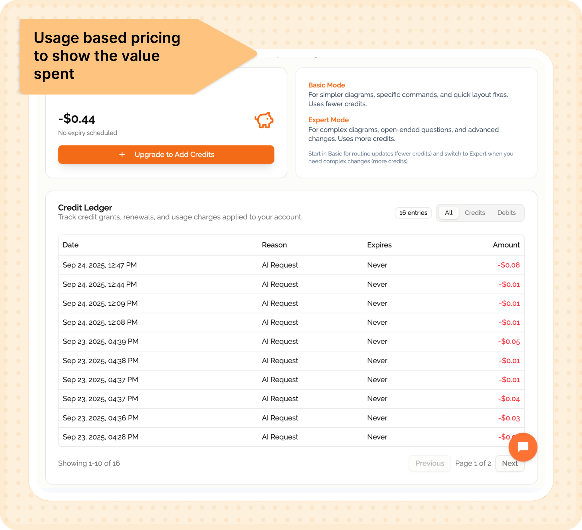 Usage-based pricing screen
