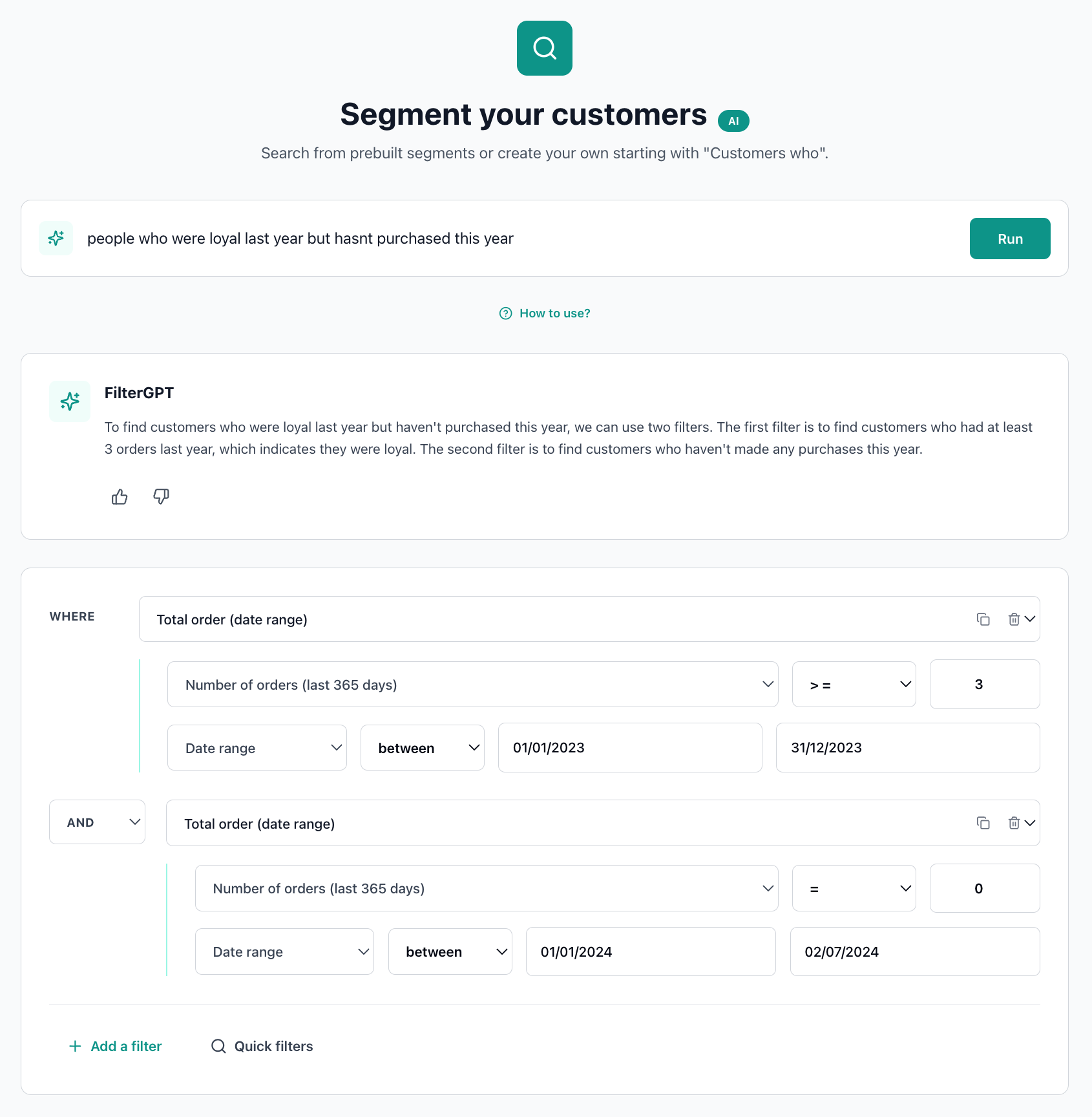 AI Segments UI mock showing suggested segments, goal chips, and recipes