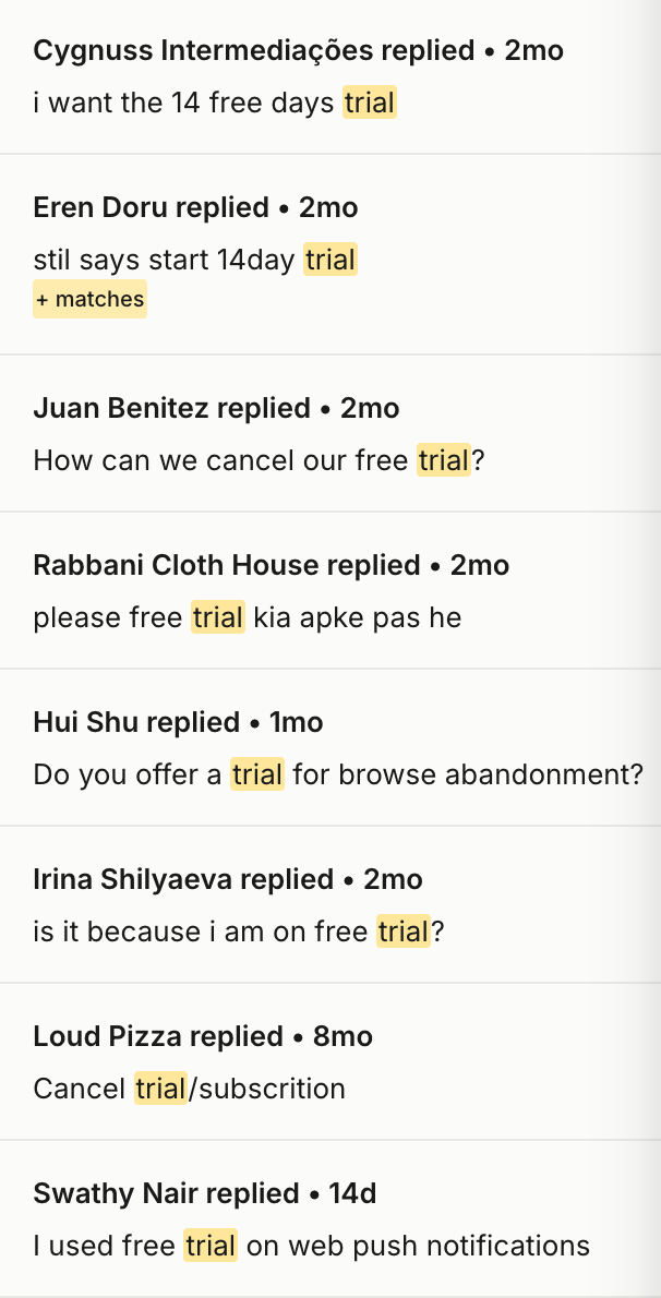 User quotes showing trial concerns and feedback