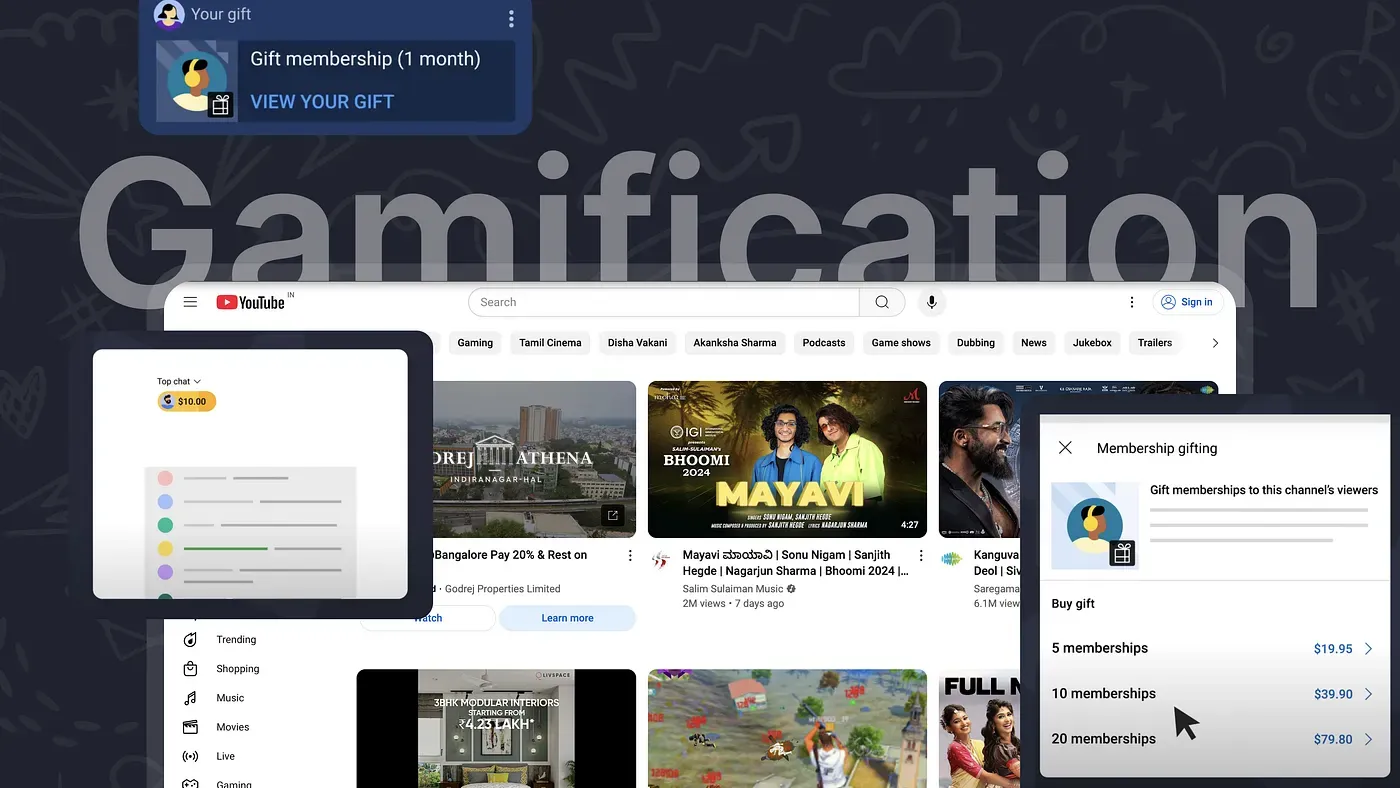YouTube gamification mechanics including badges, streaks, and engagement features